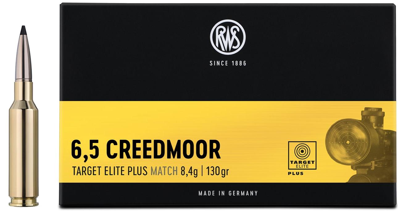 Packaging of the RWS 6,5 Creedmoor Target Elite Plus together with a rifle cartridge