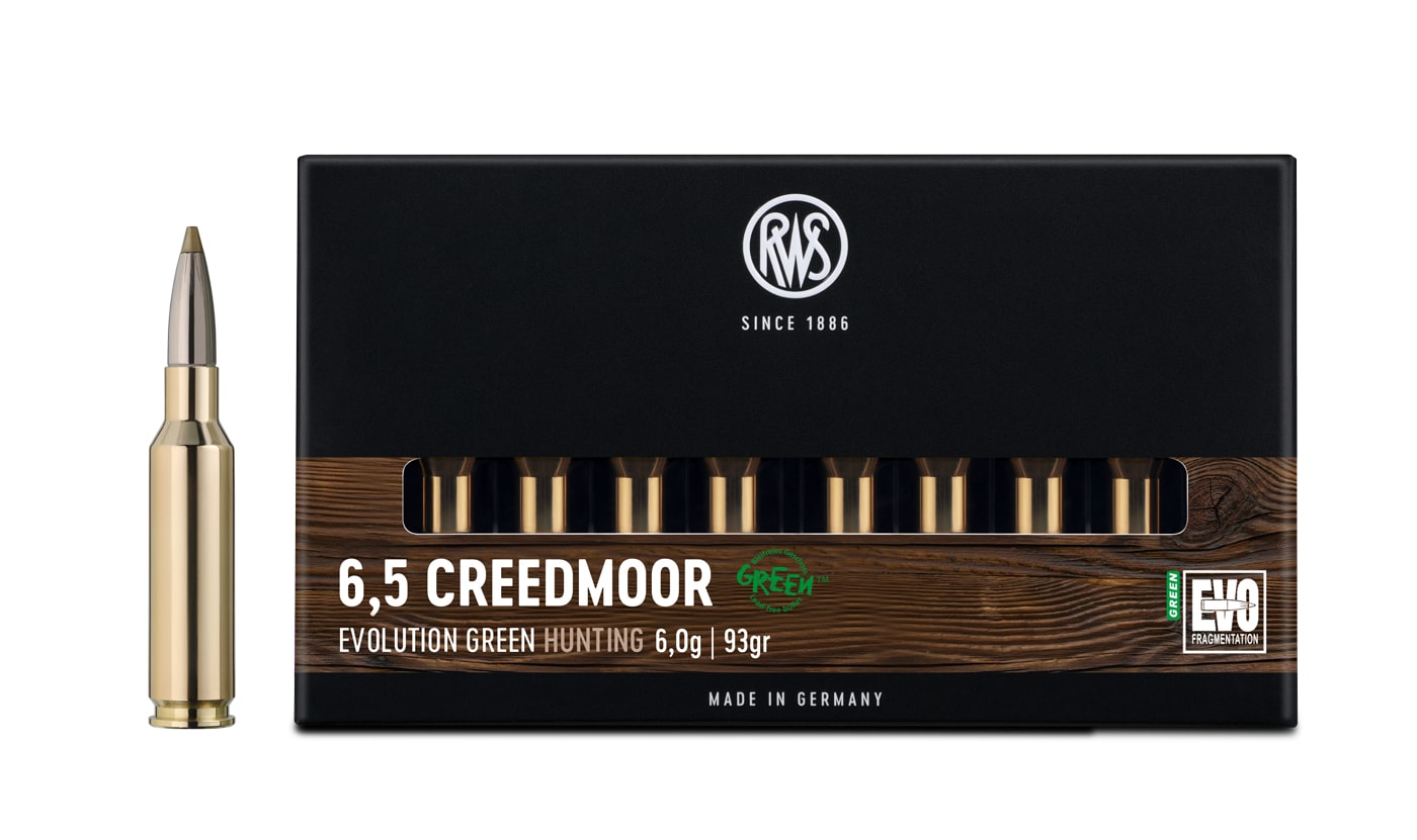 Packaging of the RWS 6,5 Creedmoor EVOLUTION GREEN together with a rifle cartridge